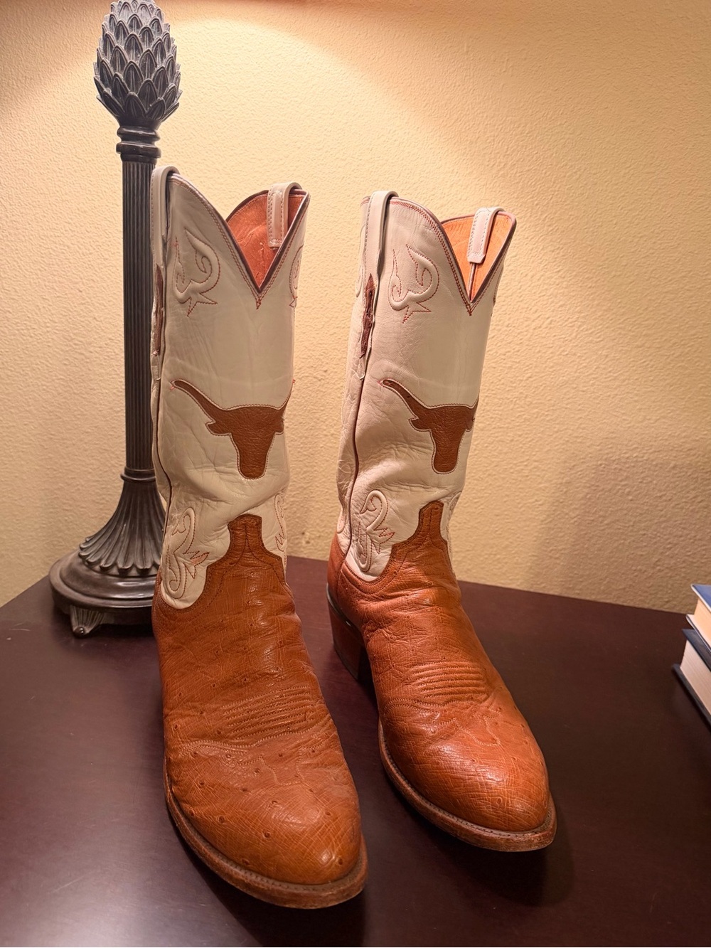 University of Texas Lucchese Two-Tone Western Boots in Brown and White